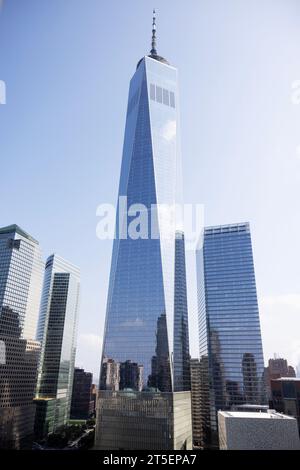 One World Trade Center, auch bekannt als Freedom Tower, das zentrale Gebäude im World Trade Center Complex in Lower Manhattan, New York City, USA. Stockfoto