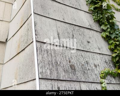 Beschädigte Asbestplatten an einer Gebäudefassade. Das Faserbaumaterial delaminiert und setzt giftige Fasern in die Umwelt frei. Stockfoto