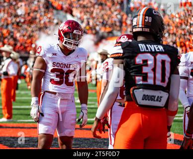 Stillwater, Oklahoma, USA. November 2023. Trace Ford (30) kehrt zum ersten Mal am Samstag, 4. November 2023, als Oklahoma Sooners ins Boone Pickens Stadium zurück. (Kreditbild: © Nicholas Rutledge/ZUMA Press Wire) NUR REDAKTIONELLE VERWENDUNG! Nicht für kommerzielle ZWECKE! Stockfoto