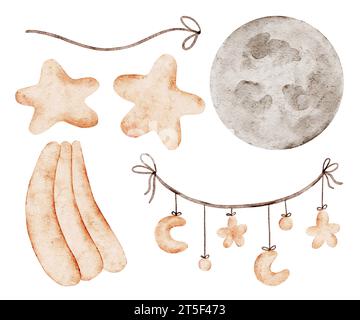 Set aus Aquarell Clipart mit Sternen und Mond in neutralen Farben. Perfekt für Drucke, Verpackungen, Poster, Kleidung, Postkarten, Babydusche, Stoff, Einrichtung Stockfoto