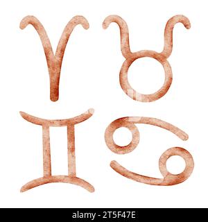 Wasserfarben-Tierkreiszeichen: Aries, Stier, Gemini, Krebs. Set von astrologischen Horoskop-Symbolen. Perfekt zum Drucken, Verpacken, Ansichtskarten, Broschüren, Stockfoto