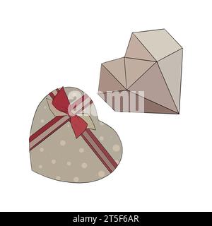 Vektor-Illustration Set von schönen beigen Herzkästen mit Punkten und rot-beige Band und Schleife und Diamantstruktur. Bild für Postkarte, Süßigkeiten oder Geschenk Stock Vektor