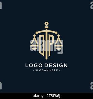 DP Initial Logo mit Skala der Gerechtigkeit und Schildsymbol, luxuriösem und elegantem Anwaltslogo Stock Vektor
