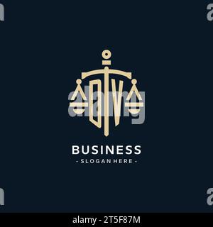 DV-Initiallogo mit Skala der Gerechtigkeit und Schildsymbol, luxuriöser und eleganter Anwaltskanzleienlogostil Stock Vektor