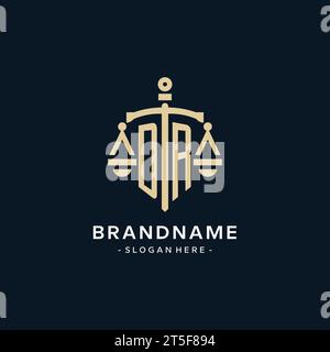 DR Initial Logo mit Skala der Gerechtigkeit und Schild Ikone, luxuriöse und elegante Anwaltskanzlei Logostil Stock Vektor
