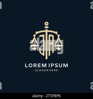 JA Initial-Logo mit Skala der Gerechtigkeit und Schildsymbol, luxuriösem und elegantem Anwaltslogostil Stock Vektor