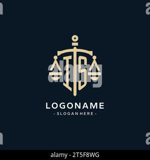 IST das erste Logo mit dem Maßstab der Gerechtigkeit und dem Symbol des Schildes, luxuriösem und elegantem Logo der Anwaltskanzlei Stock Vektor