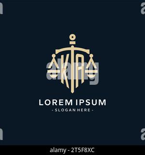 KA Initial Logo mit Skala der Gerechtigkeit und Schildsymbol, luxuriöser und eleganter Anwaltskanzleienlogostil Stock Vektor