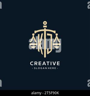 KJ Initial Logo mit Skala der Gerechtigkeit und Schildsymbol, luxuriöser und eleganter Anwaltskanzleienlogostil Stock Vektor