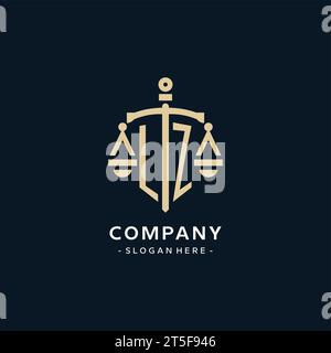 LZ Initial Logo mit Skala der Gerechtigkeit und Schildsymbol, luxuriösem und elegantem Logo für Anwaltskanzleien Stock Vektor