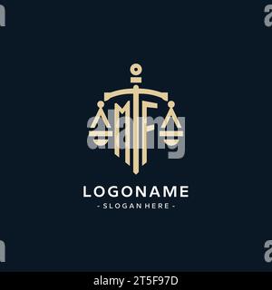 MF Initial Logo mit Skala der Gerechtigkeit und Schildsymbol, luxuriöser und eleganter Anwaltslogostil Stock Vektor