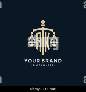 RK Initial Logo mit Skala der Gerechtigkeit und Schildsymbol, luxuriöser und eleganter Anwaltskanzleienlogostil Stock Vektor