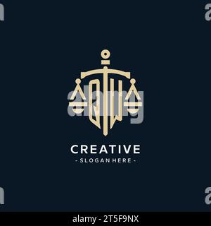 Das erste QW-Logo mit der Skala der Gerechtigkeit und dem Schild, luxuriöser und eleganter Anwaltskanzleienlogostil Stock Vektor