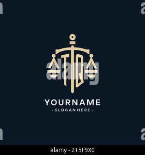 TQ Initial Logo mit Skala der Gerechtigkeit und Schildsymbol, luxuriösem und elegantem Logo für Anwaltskanzleien Stock Vektor