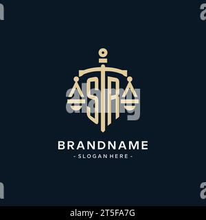 SR Initial Logo mit Skala der Gerechtigkeit und Schildsymbol, luxuriösem und elegantem Anwaltslogo Stock Vektor