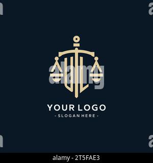 UL Initial Logo mit Skala der Gerechtigkeit und Schildsymbol, luxuriöser und eleganter Anwaltskanzleienlogostil Stock Vektor
