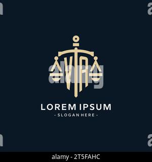 VA Initial-Logo mit Skala der Gerechtigkeit und Schildsymbol, luxuriösem und elegantem Anwaltslogo Stock Vektor
