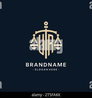 Das ursprüngliche Logo mit der Skala der Gerechtigkeit und dem Schild, luxuriöser und eleganter Anwaltskanzleienlogostil Stock Vektor