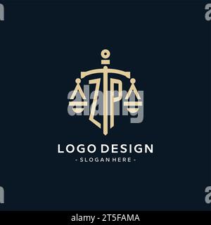 ZP Initial Logo mit Skala der Gerechtigkeit und Schildsymbol, luxuriöser und eleganter Anwaltskanzleienlogostil Stock Vektor