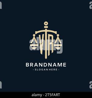 VR-Anfangslogo mit Skala der Gerechtigkeit und Schildsymbol, luxuriösem und elegantem Anwaltslogo Stock Vektor