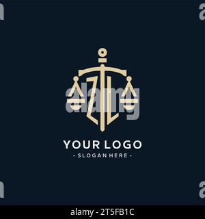 ZL Initial-Logo mit Skala der Gerechtigkeit und Schildsymbol, luxuriöser und eleganter Anwaltskanzleienlogostil Stock Vektor