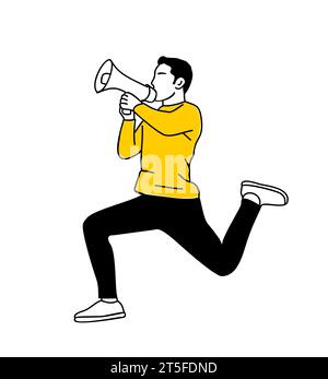Junger Mann, der im Megaphon-Vektor läuft und ruft Stock Vektor