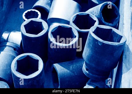 Innensechskantschlüssel aus Metall stapelt sich zusammen Stockfoto