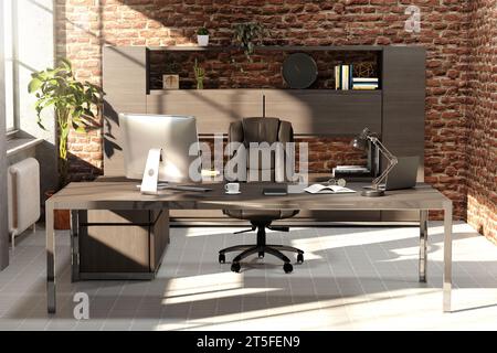 Moderne Loft-Büroeinrichtung mit Möbeln, industriellem Stil, 3D-Rendering. Stockfoto