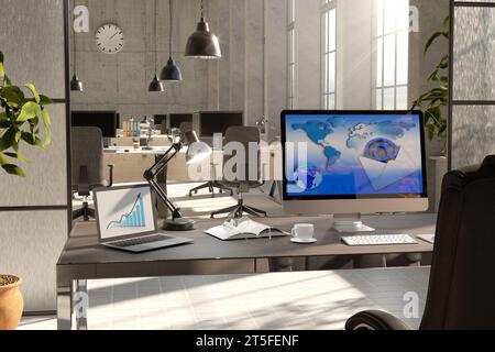 Moderne Loft-Büroeinrichtung mit Möbeln, industriellem Stil, 3D-Rendering. Stockfoto