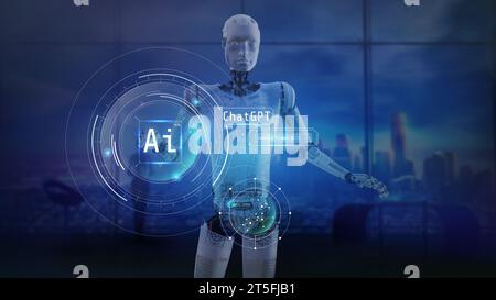 Fantastische Darstellung mit einem Roboter mit künstlicher Intelligenz, der Aufgaben ausführt. Stockfoto