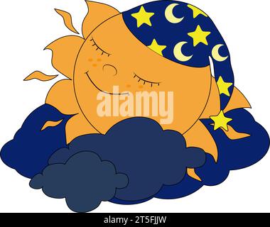 Niedliche Sonne in Kappen schläft in den Wolken und lächelt glücklich. Vektorillustration auf weißem Hintergrund. Bild für Kinderdesign, Drucke und Buh Stock Vektor