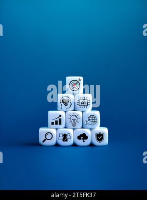 Technologie, Geschäftsstrategie und Wachstumserfolg für Führungs- und Teamwork-Konzept. Der Aktionsplan mit KI-Chip-Symbol auf Holzwürfeln stapelt Py Stockfoto