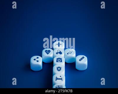 Gesundheitsmedizin, Wellnessplan und Versicherung, Serviceentwicklung, Ziel- und Erfolgskonzept. Gesundheitssymbol und Symbole für medizinische Elemente auf weiß Stockfoto