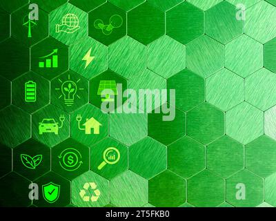 Erneuerbare Energien und nachhaltige Ökologie, Umweltentwicklungskonzept, umweltfreundliche erneuerbare Energien, Symbol für intelligente Technologie auf dem Sechseck Stockfoto