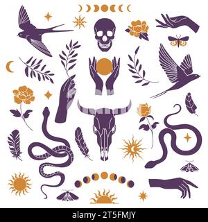 Ethnische Abstammung. Boho-Silhouettensymbole. Schlange und Schädel. Vogelfeder. Mondphase. Hand mit Werkszweig. Motte auf Blume. Tarot und esoterisches Auge. Fash Stock Vektor