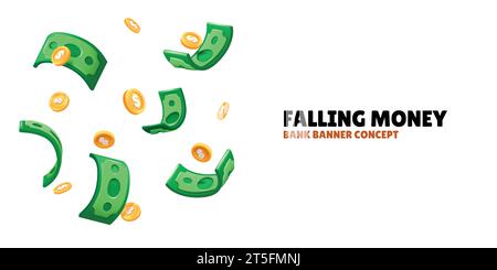 Fallendes Geld. 3D-Dollar, goldene Münzen und grüne Scheine, Verkaufszeichen, isolierter goldener Bargeldputz isoliert auf weißen Elementen, Design-Konzept für Bankbanner. Stock Vektor