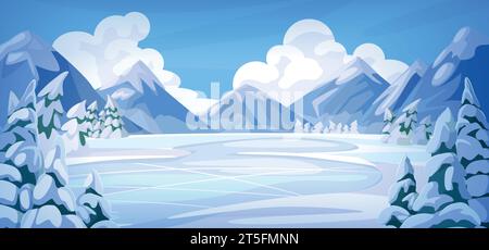 Winterlandschaft. Schnee Weihnachtskulisse. Ice Canada Mountains. Naturpanorama. Neujahr gefrorener See. Verschneite Kiefern. Wilder Wald. Felsige Gipfel. Stock Vektor