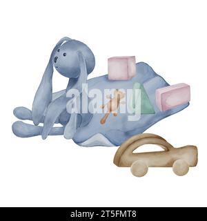 Illustration mit Spielzeug auf Babydecke neutrale Farben isoliert auf weißem Hintergrund. Handgezeichneter weicher Hase in Pastelltönen. Lackiertes Spielzeugauto aus Holz. Ele Stockfoto