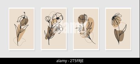 Vektorsatz von Boho Minimal Wall Art. Trendige Bilder mit Pflanzen und abstrakten organischen Formen. Botanische Illustration Stock Vektor