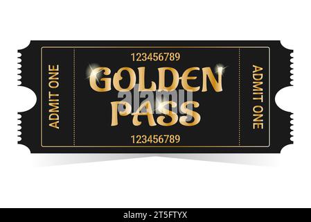 Realistischer goldener Pass. Kino, Theater, Party, Museum, Veranstaltung, Vorlage für Gold- und schwarze Vektor-Tickets für Konzerte. Filmkino-Gutscheinheft, Zutritt Stock Vektor