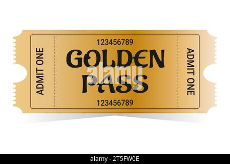 Realistischer goldener Pass. Kino, Theater, Party, Museum, Veranstaltung, Vorlage für Gold- und schwarze Vektor-Tickets für Konzerte. Filmkino-Gutscheinheft, Zutritt Stock Vektor