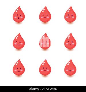 Nettes glückliches lächelndes Blut Tropfen Zeichentrickfigur Set Sammlung.Vektor flache Zeichentrickfigur Icon Design.isoliert auf weißem Hintergrund. Stock Vektor