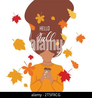 Ein Mädchen in einem gelben Pullover trinkt ein heißes Getränk, das mit Herbstblättern übersät ist. Postkartendesign mit einem jungen, fröhlichen Mädchen und der Aufschrift Hello Autumn Stock Vektor