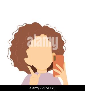Frau spricht online Videoanruf posiert Selfie nimmt Kamera Smartphone Vektor flache Illustration. Weibliche Nutzer chatten per Fernzugriff über eine Internetkonferenz Stock Vektor