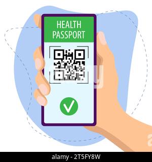 Gesundheitspass-Konzept. Hand hält ein Smartphone mit QR-Code, Impfstatus. Vektorgrafik im flachen Stil Stock Vektor