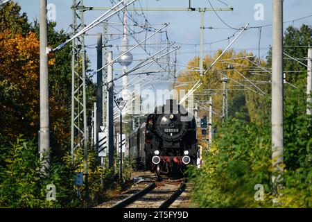 Eisenbahnromantik die Dampflok 528177-9 des Vereins Dampflokfreunde Berlin e.V. fährt am 4. November 2023 in den Bahnhof Berlin Schöneweide ein. Die Güterzug-Schlepptenderlokomotive war 1944 als Kriegslok in Babelsberg gebaut. Bis 1991 war sie noch im regulären Einsatz bei der Deutschen Reichsbahn der DDR. Berlin Berlin Deutschland  JK13292 *** Eisenbahnromance die Dampflokomotive 528177 9 des Vereins Dampflokfreunde Berlin e V kommt am 4. November 2023 im Bahnhof Berlin Schöneweide an die Güterzugzugzuglokomotive wurde 1944 als Kriegslokomotive in Babelsberg bis 1991 i gebaut Stockfoto