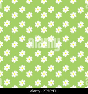 Nahtloses Muster mit Kamillenblüten auf grünem Hintergrund. Kleine Sommerblumen in schlichtem Cartoon-Doodle-Stil, perfekt für Textilien, Tapeten, Stoff.Vect Stock Vektor