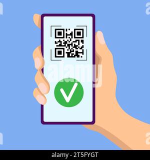 Lesen mit Validierung eines QR-Code-Labels mit einem Smartphone auf blauem Hintergrund (flache Ausführung) Stock Vektor