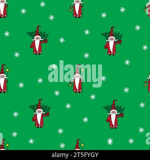 Nahtloses Weihnachtsmuster mit Gnomen, Bäumen und Schneeflocken. Kann für Stoff, Geschenkpapier, Scrapbooking, Textil, Poster, Banner und Sonstiges Stock Vektor