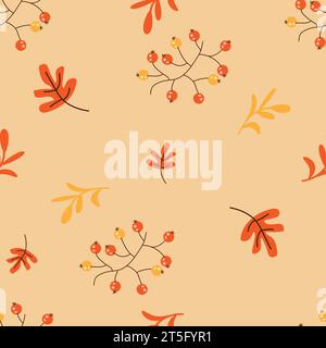 Herbst nahtloses Muster mit Zeichentrickeiche Blätter und vogelbeeren. Geeignet für Tapeten, Textilien, Geschenkpapier, Webseite Hintergrund, Postkarten.Vektor. Stock Vektor